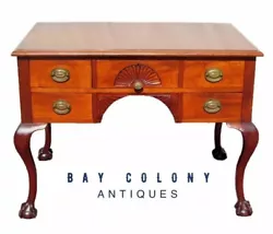 19TH CENTURY MAHOGANY CHIPPENDALE STYLED ANTIQUE BALL & CLAW DESK. This five drawer desk possesses shell and 1/4...
