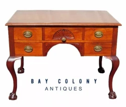 19TH CENTURY MAHOGANY CHIPPENDALE STYLED ANTIQUE BALL & CLAW DESK. This five drawer desk possesses shell and 1/4...