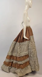 DATING TO THE 1870’S. TWO THUMBPRINT BROWN STAINS ON THE LEFT SIDE BOTTOM RUFFLE, A DOZEN PINHEAD HOLES ON THE...