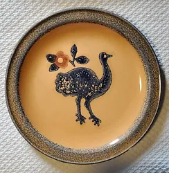 Ostrich and Flower design. Yellow/gold Stoneware with blue and brown design. Inspired by Folk Art designs at the Museum...