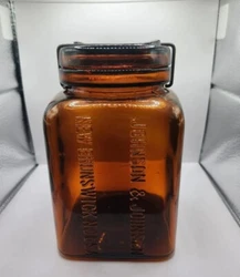 Antique 1896 Johnson & Johnson Amber Mason Jar Ground Lip Lid Closure.