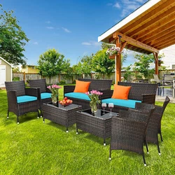 Rattan Color: Mix Brown  Cushion Color: Turquoise  Material: Steel + Rattan + Sponge + Fabric + Tempered Glass  Size of...