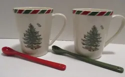 Spode 2 Christmas Tree Candy Cane Mugs With Spoons. These two mugs, each with a ceramic spoon, are in very good...