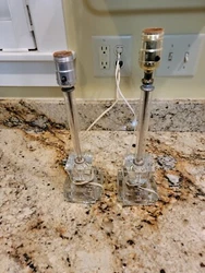 Pair Antique Mid Century Clear Etched Cut Crystal & Glass Boudoir Table Lamps.  Lamp sockets are different.  No...