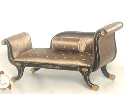 The Chinoise chaise lounge with scrolled head and foot has a rolled matching pillow. CHAISE LOUNGE -BLACK 1:12 SCALE.