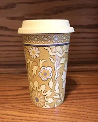 Longaberger Pottery GOLDEN FIELDS Travel Cup With Lid ~ New Without Box.  Gold silicone lid.New condition without box.