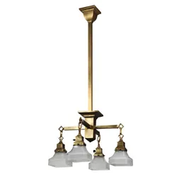 Item # NC4302. This Arts and Crafts pendant begins with a square canopy, coming down in rod to a platform below. Four...