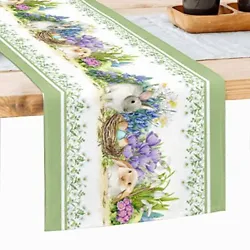 [UNIQUE DESIGN]: Spring table runner farmhouse styles with Easter eggs tulip flowers and bunny patterns design. With...