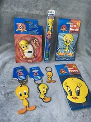 Vintage Tweety Bird Collectibles lot - Air Fresheners, Keychain clock , keychains & Toothbrush - all new / sealed...
