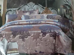 NWT Rose gold w/Blue roses luxury silk cotton jacquard bed sheet set Full/Queen. Bedding cover comes W Zipper Never...