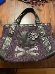 Super Rare Hello Kitty Handbag Skull Bone Pattern Black Purple Loungefly Sanrio Flaw*This bag is amazing, some wear on...
