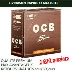 OCB VIRGIN King Size Slim Papier à rouler NON BLANCHI - 1 boîte (total de 1600 papiers).