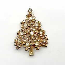 Clear Sparkly Rhinestones Christmas tree brooch pin. Signed and vertical closure style.