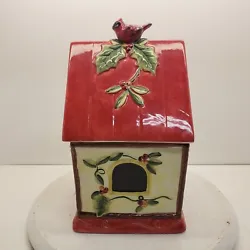 Certified International Large Ceramic Cardinal Bird House Cookie Jar Christmas Holiday. This bright and beautiful...