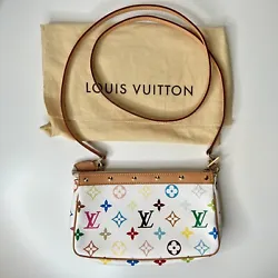 Heres a Louis Vuitton x Takashi Murakami Multicolor Monogram White Pochette Bag. Everything you see in the pictures is...
