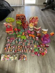 Huge lot 40+ mini dolls, 7 houses hundreds of pieces. The big bag on the front left of the photos has a lot of pieces...