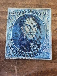 BELGIQUE ! Timbre ancien de 1849 20 cents bleu.