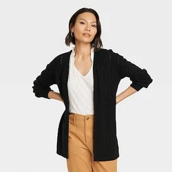 •Long-sleeve cardigan in solid color •Cable pointelle pattern and ribbed edges •Open-front design •Midweight,...