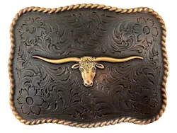 Longhorn Steer. This beautiful antique copper plated belt buckle is engraved by artisans with over 30 years of...