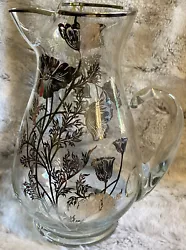 Vintage Silver City Clear Glass Pitcher Sterling Silver Overlay Poppies FlowersHand blown handle & pinched spout9...