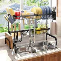 Over The Sink Dish Drying Rack Adjustable 2 Tier Metal Steel Dish Drying Racks for Kitchen Counter with Hooks Paper...