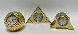 Lot of 3 Solid Brass Desk Top  Quartz Clocks Faberge, Verichron, Golf Ball Mantel Pyramid run. keep time-new...