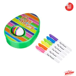 Kit includes 1 Mini EggMazing Spinner and 6 colorful non-toxic markers; Requires 4 AA Batteries (not included). ENDLESS...