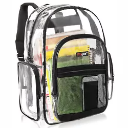 Heavy duty 100% PVC, thicker than most other regular transparent backpack. Zipper closure with mesh organizer in front...