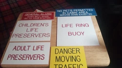Plastic Ferry Boat Man Cave Signs Hanging Wall Decor. LIFE RING BUOY, ADULT LIFE PRESERVES, CHILDRENS LIFE PRESERVES,...