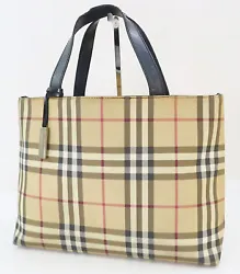 Authentic BURBERRY House Check and Black Leather Tote Hand Bag Purse. BURBERRY Tote Bag. Spot, stain, wear, wrinkles...