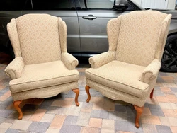 ~ Set of 2 Beautiful Wingback Chairs ~. Neutral Golden Beige.