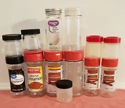 EMPTY 13 SPICE JARS Glass and Plastic Containers all with LIDS Variety Sizes, Great for Crafts, Gardening and...
