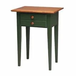 Lamp Table. In contrast the legs and body are stained a Bayberry Green. Features one deep pull-out drawer adorned with...