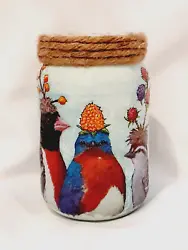 BIRDS AND JUTE TWINE ACCENT. IT HAS A GLOSSY FINISH. THIS IS A HANDCRAFTED GLASS JAR THAT HAS BEEN DECOUPAGED WITH...