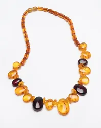 Beautiful teardrop amber necklace with amber in 3 colors with honey, cognac, and cherry, the amber has inclusions you...