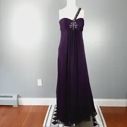 Xscape full length formal dress in purple with beaded bodice and strap. Chest 14.5