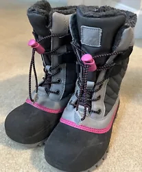 Easy to get on and off, heavy duty, warm snow boots. Normal wear and tear, in great condition. Zippered up the sides.