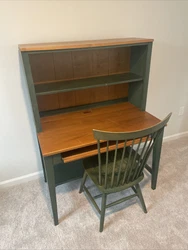 office desk with hutch and chair. Home office desk that has drawer, hutch that has shelving, and chair