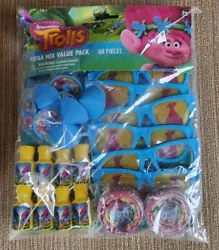 Dreamworks Trolls 48 piece Favor Pack Birthday party supplies.  New Comes with Bubbles Glasses ( one lens is popped out...