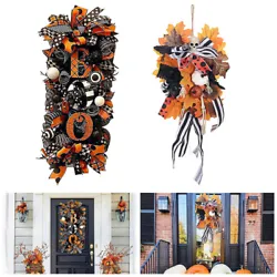 Halloween Wreath Pumpkin Skeleton Front Door Wreath Party Halloween Decorations. The swag wreath features a spooky with...