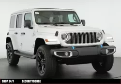 This ALL NEW 2024 Jeep Wrangler Sahara 4xe features the bright white clear coat exterior and black mckinley trimmed...