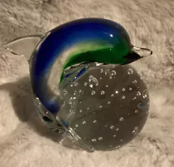 Vintage Murano Art Glass Dolphin Paperweight Blue & Green Ball Controlled Bubbles3.5” high x 4” long x 2.5”...