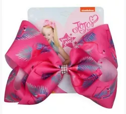 Tropical Pattern of Palm Leaves and Flamingos in Gorgeous Colors. JOJO Large Hair Bow Flamingo & Tropical Palm Leaves...