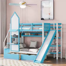 CITYLIGHT Castle Bunk Bed Twin over Twin,Wooden Bunk Beds with Slide and Storage Stairs,Space Saving Twin Bunk Bed with...
