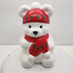 Ceramic White Bear With Red Hat And Scarf Cookie Jar QVC. This jar in in good pre-owned condition with chips or cracks....