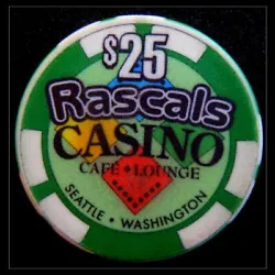 The Rascals Casino Opened Its Doors In: 1999 / Now Closed. Mold: Plain. Color: Green. Chip is in excellent condition,...