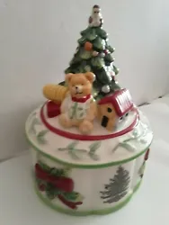 Spode Christmas Tree with presents music box and candy dish all in one. The inside of the lid is wear the turn switch...