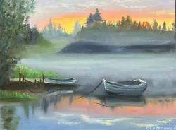 Foggy Morning On A Lake. Landscape Painting. Oil Art. Lake View Sunrise. Artwork.