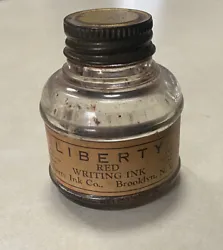 NICE RARE Antique LIBERTY Red Ink Bottle Inkwell from Brooklyn, NY. FULL Clean Label. Shipped via USPS FIRST CLASS MAIL