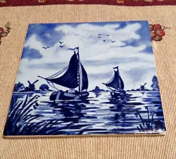 Vintage Royal Sphinx Holland  Ceramic Tile Sailboats Windmills Blue 6x6” Trivet.  Tile has a dinged right corner...